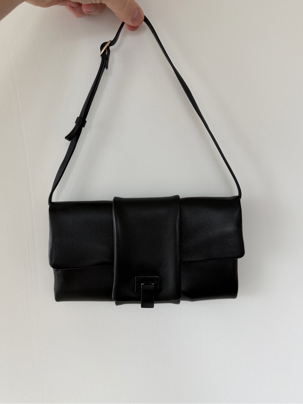 Proenza Schouler Black Leather Fold-Over Clutch Shoulder Bag